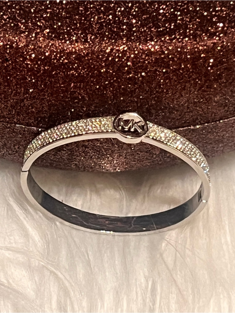 Michael Kors Silver tone Crystal Pavé MK Hinge Bangle Bracelet